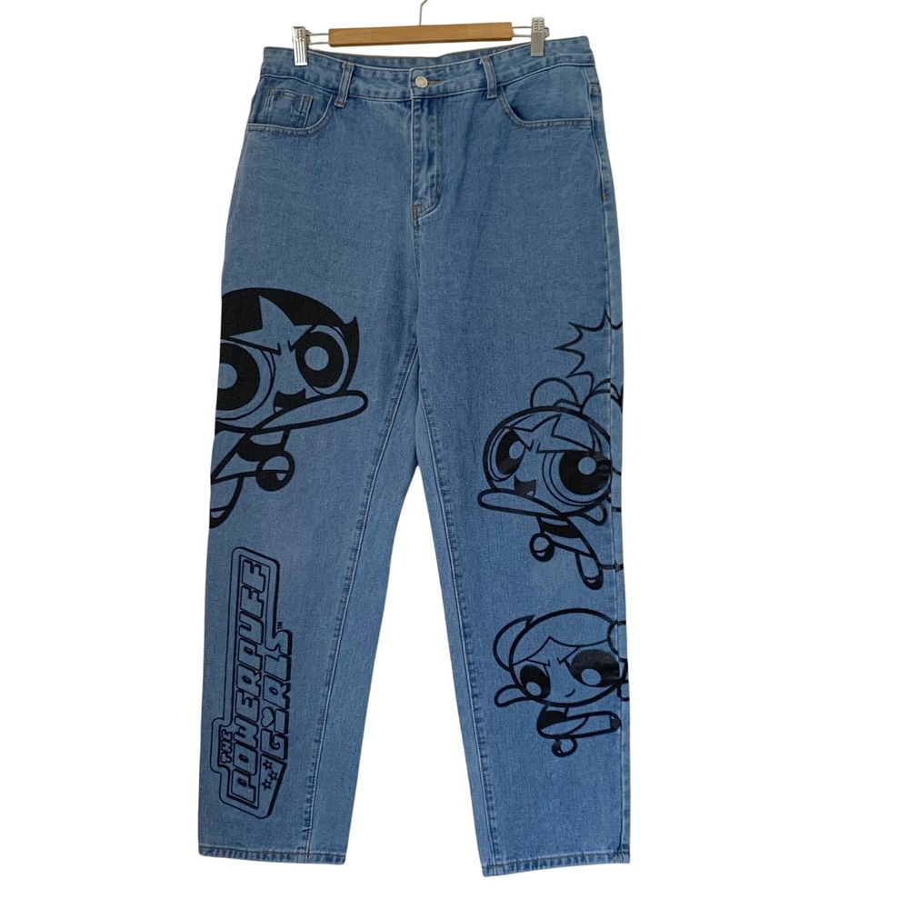 Romwe Powerpuff Girls Jeans Women XL 34x29.5 Blue Straight High Rise 90s Cartoon